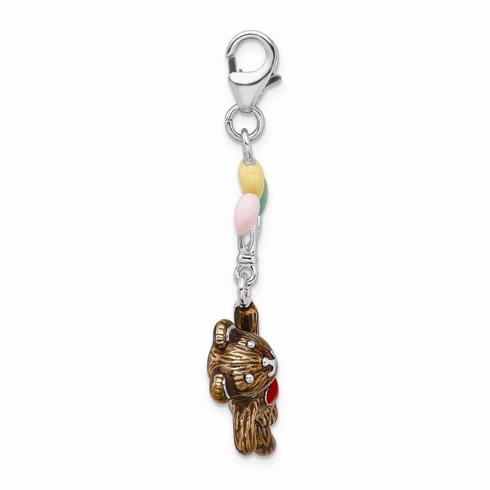 Million Charms 925 Sterling Silver With Rhodium-Plated Enameled 3-D Bear Holding Balloons With Lobster Clasp Charm