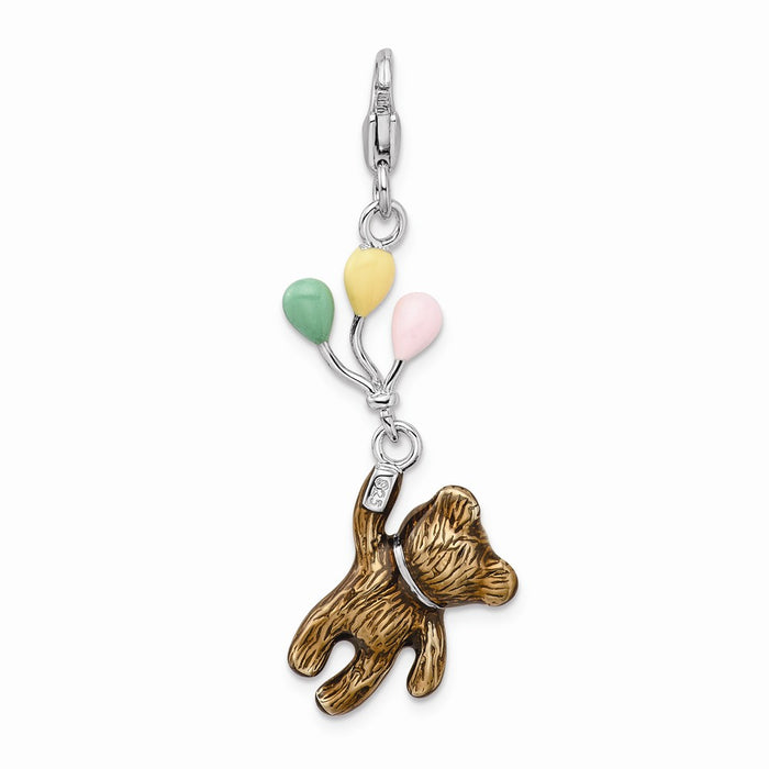 Million Charms 925 Sterling Silver With Rhodium-Plated Enameled 3-D Bear Holding Balloons With Lobster Clasp Charm