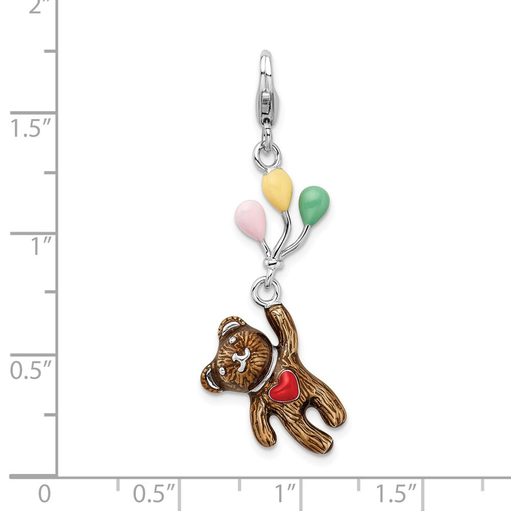 Million Charms 925 Sterling Silver With Rhodium-Plated Enameled 3-D Bear Holding Balloons With Lobster Clasp Charm