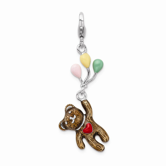 Million Charms 925 Sterling Silver With Rhodium-Plated Enameled 3-D Bear Holding Balloons With Lobster Clasp Charm