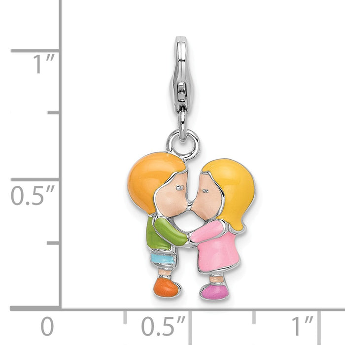 Million Charms 925 Sterling Silver With Rhodium-Plated Enameled Kissing Couple With Lobster Clasp Charm