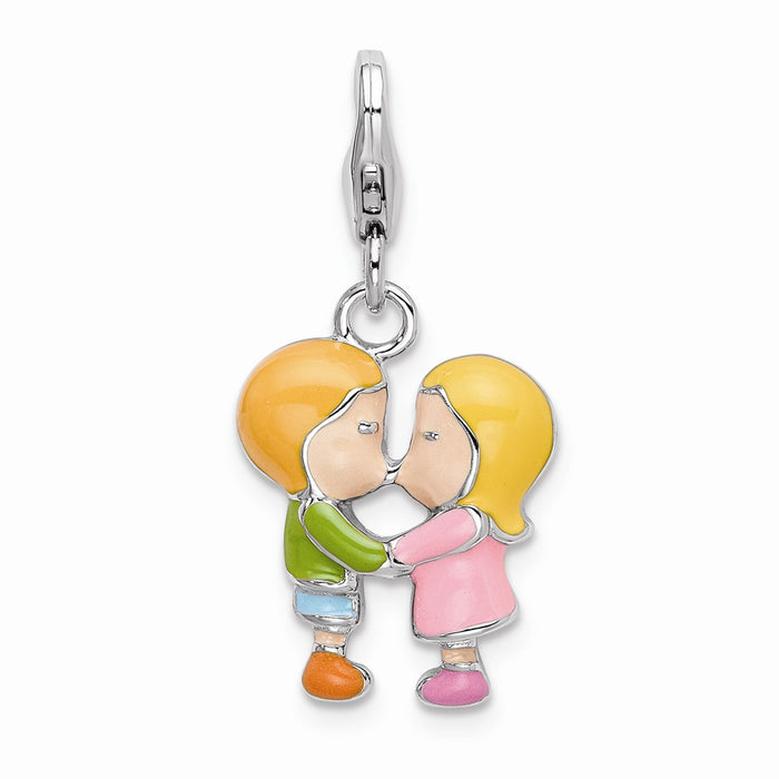 Million Charms 925 Sterling Silver With Rhodium-Plated Enameled Kissing Couple With Lobster Clasp Charm