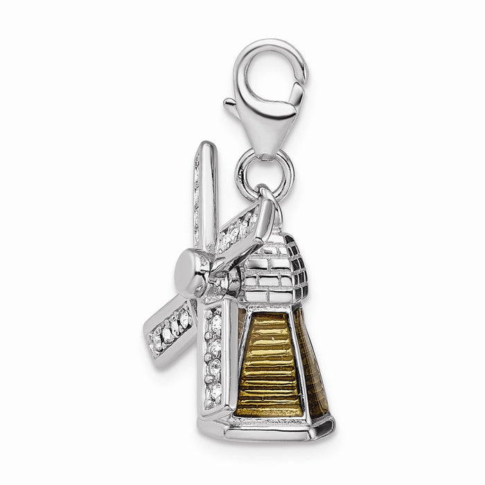 Million Charms 925 Sterling Silver With Rhodium-Plated Enameled 3-D Windmill With Lobster Clasp Charm