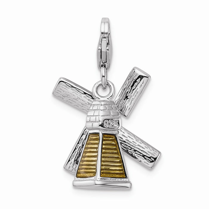 Million Charms 925 Sterling Silver With Rhodium-Plated Enameled 3-D Windmill With Lobster Clasp Charm