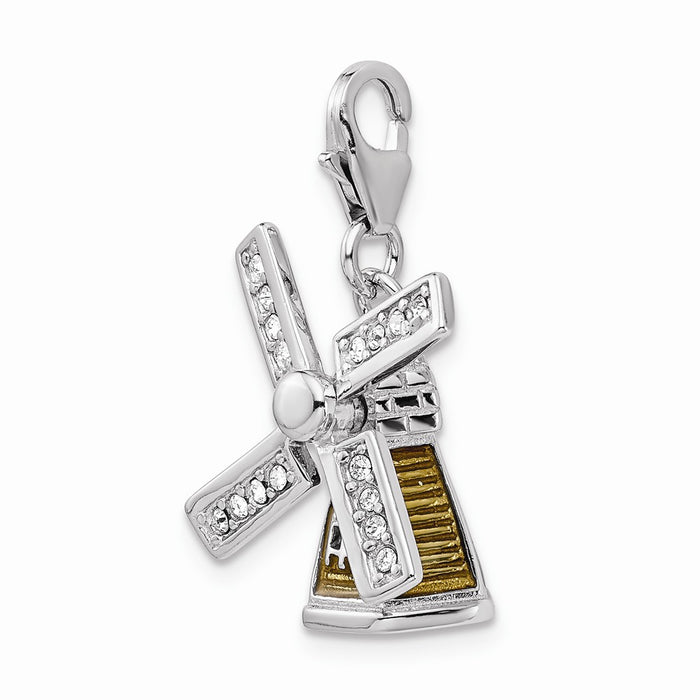Million Charms 925 Sterling Silver With Rhodium-Plated Enameled 3-D Windmill With Lobster Clasp Charm