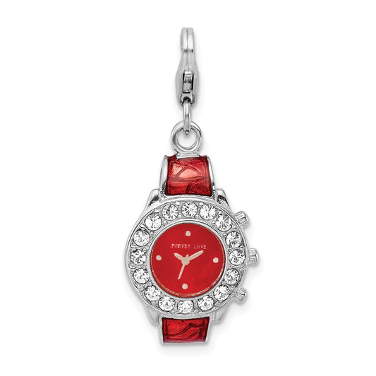 Million Charms 925 Sterling Silver With Rhodium-Plated Enameled 3-D Watch With Lobster Clasp Charm