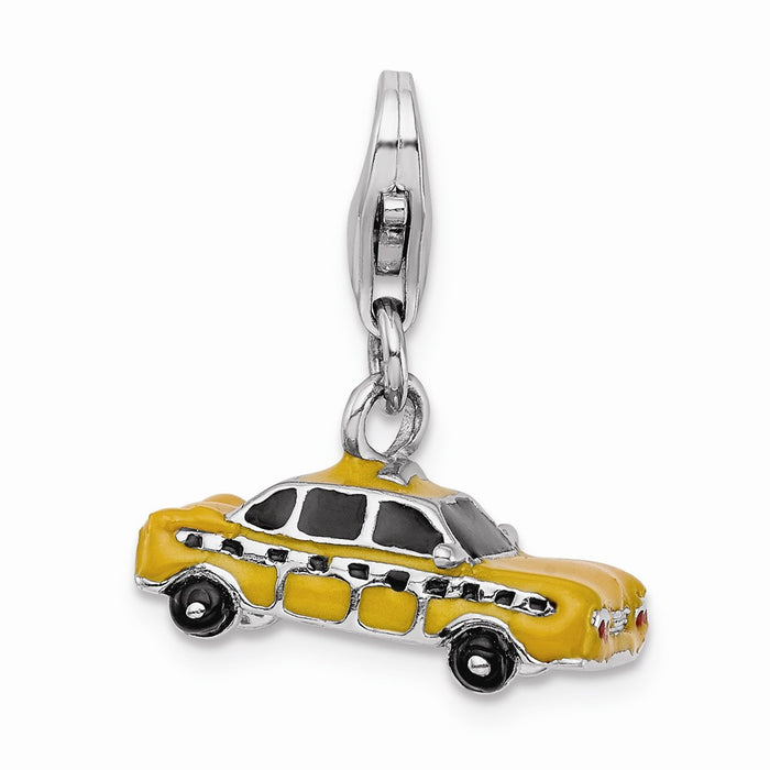 Million Charms 925 Sterling Silver Rhodium-Plated Enameled Taxi Cab With Lobster Clasp Charm