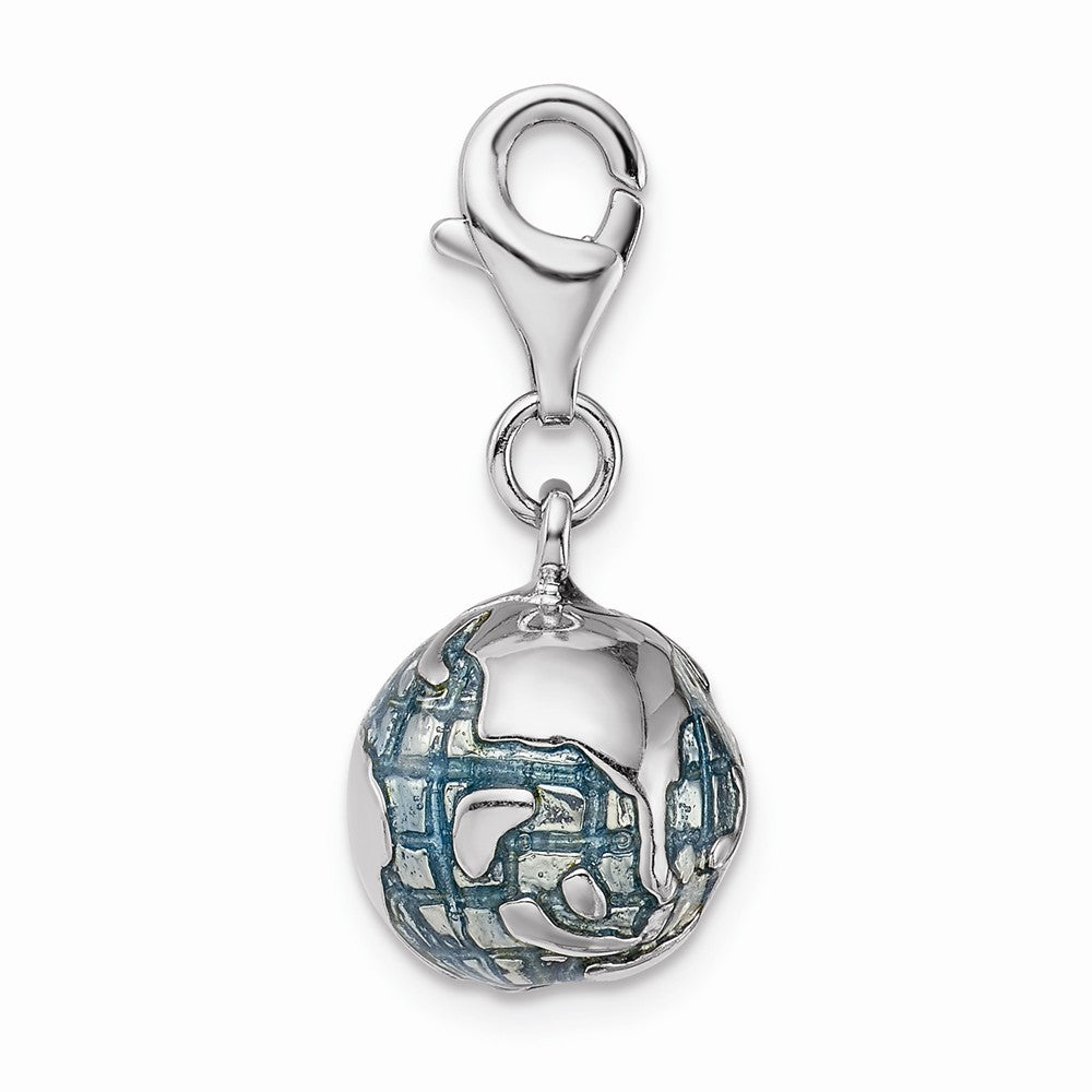 Million Charms 925 Sterling Silver With Rhodium-Plated 3-D Enameled World Globe With Lobster Clasp Charm