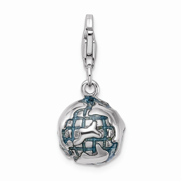 Million Charms 925 Sterling Silver With Rhodium-Plated 3-D Enameled World Globe With Lobster Clasp Charm