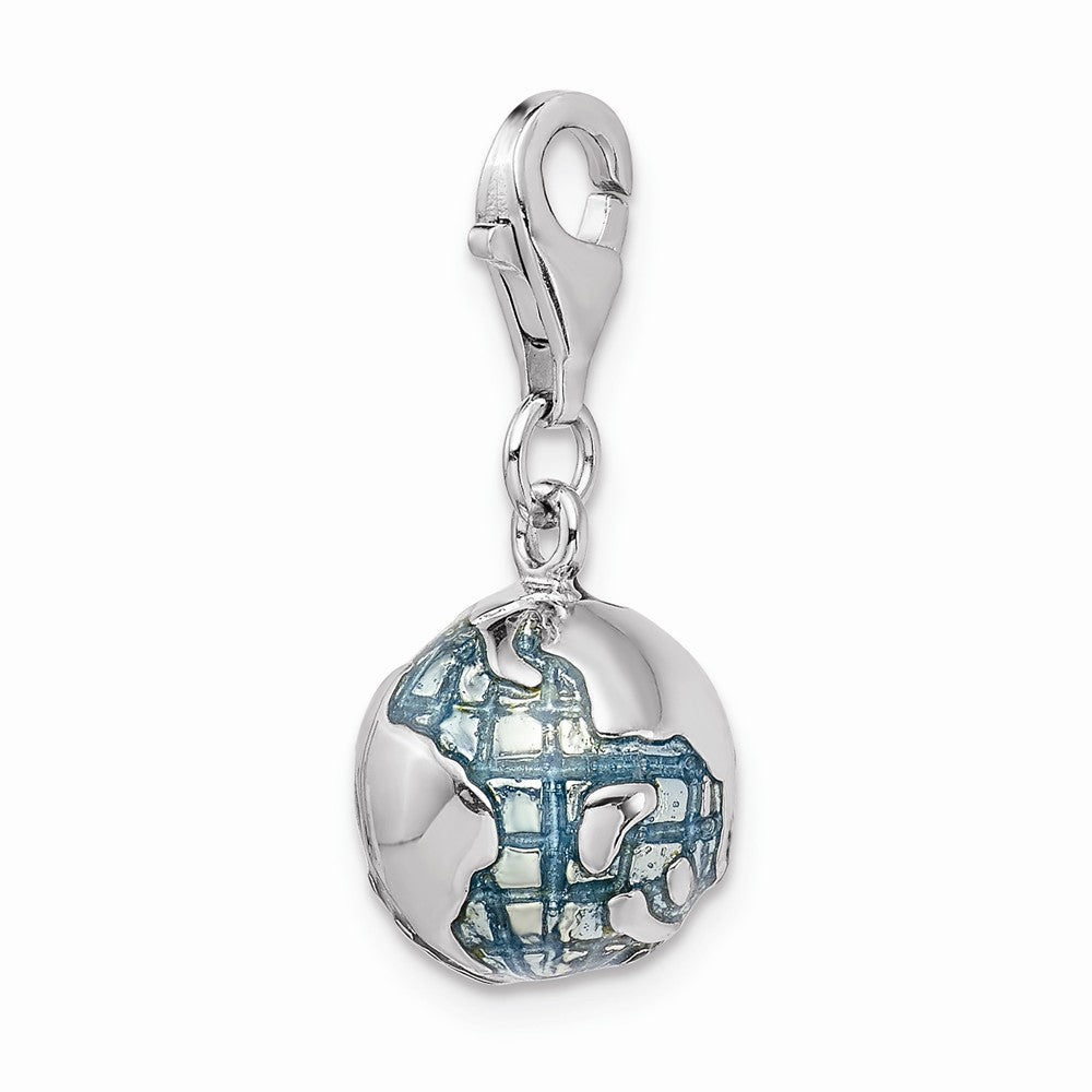 Million Charms 925 Sterling Silver With Rhodium-Plated 3-D Enameled World Globe With Lobster Clasp Charm