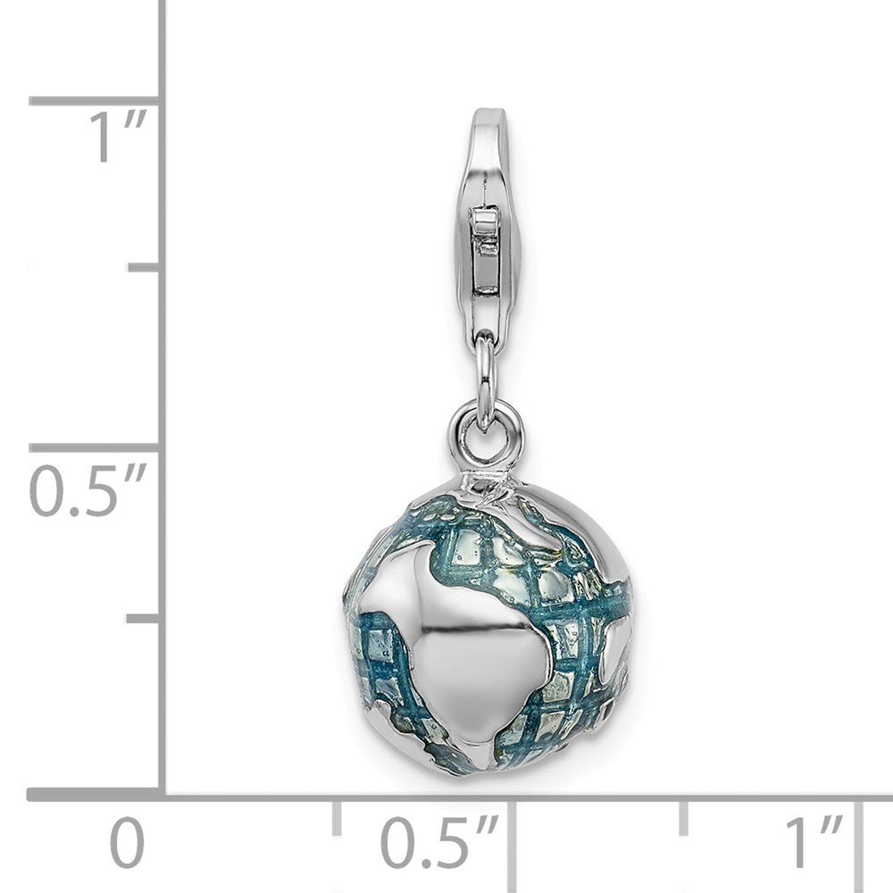 Million Charms 925 Sterling Silver With Rhodium-Plated 3-D Enameled World Globe With Lobster Clasp Charm