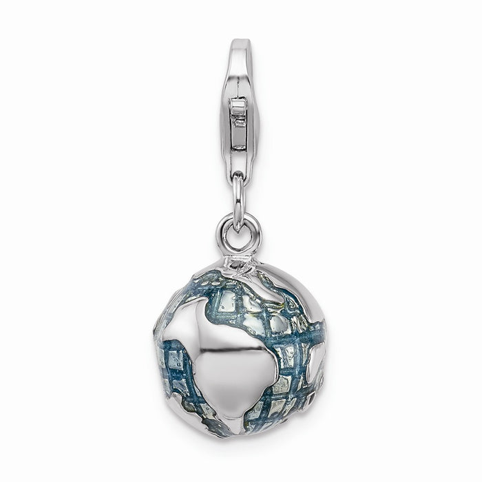 Million Charms 925 Sterling Silver With Rhodium-Plated 3-D Enameled World Globe With Lobster Clasp Charm