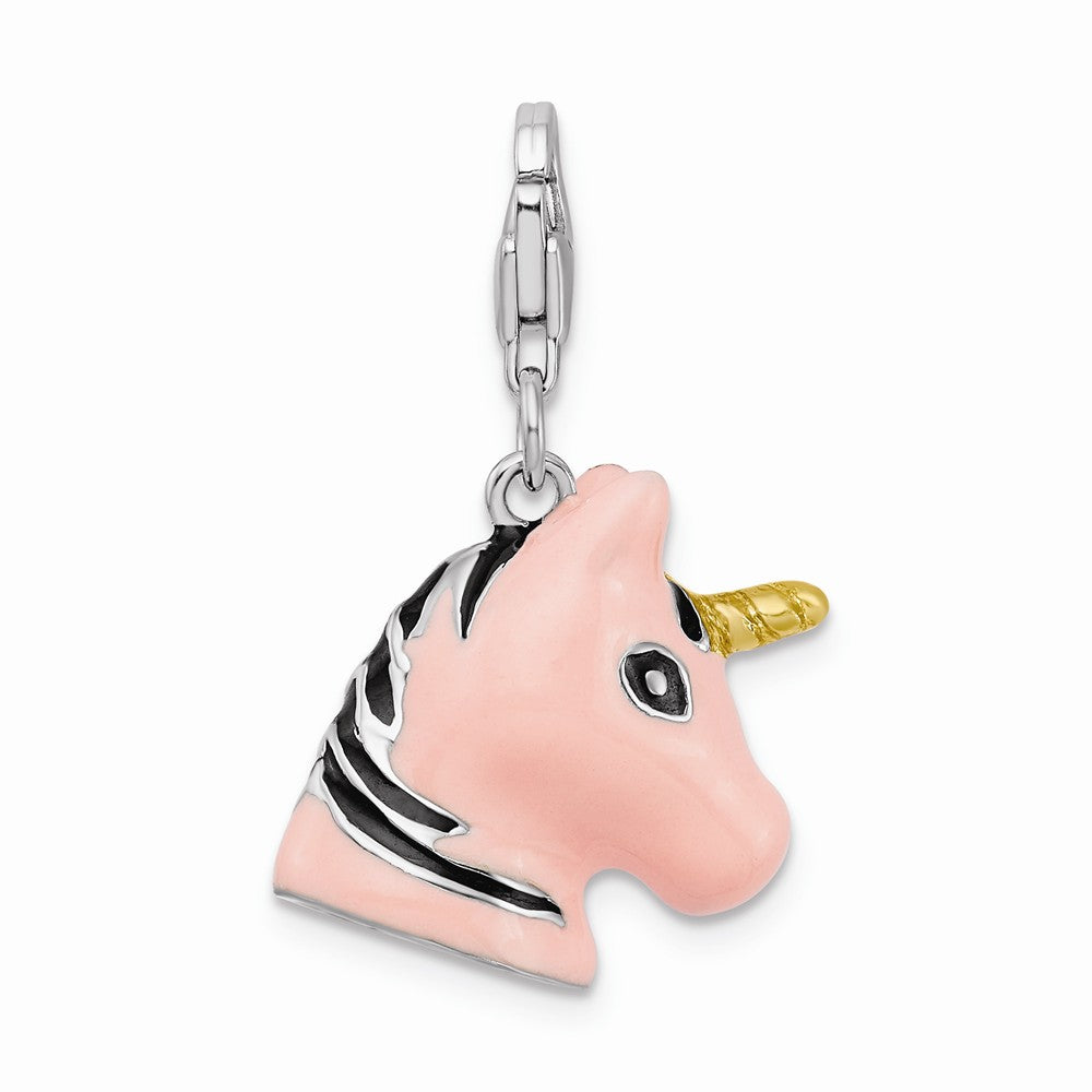 Million Charms 925 Sterling Silver With Rhodium-Plated 3-D Enameled Unicorn Head With Lobster Clasp Charm