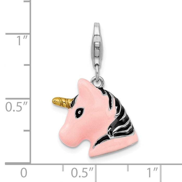 Million Charms 925 Sterling Silver With Rhodium-Plated 3-D Enameled Unicorn Head With Lobster Clasp Charm