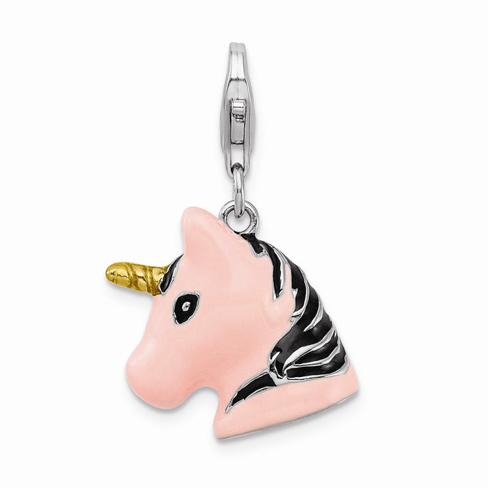 Million Charms 925 Sterling Silver With Rhodium-Plated 3-D Enameled Unicorn Head With Lobster Clasp Charm