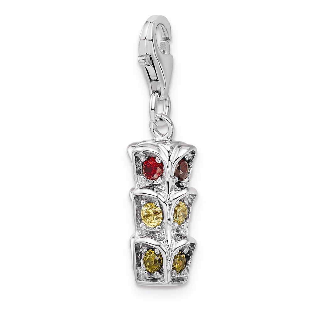 Million Charms 925 Sterling Silver With Rhodium-Plated 3-D (Cubic Zirconia) CZ Traffic Light With Lobster Clasp Charm