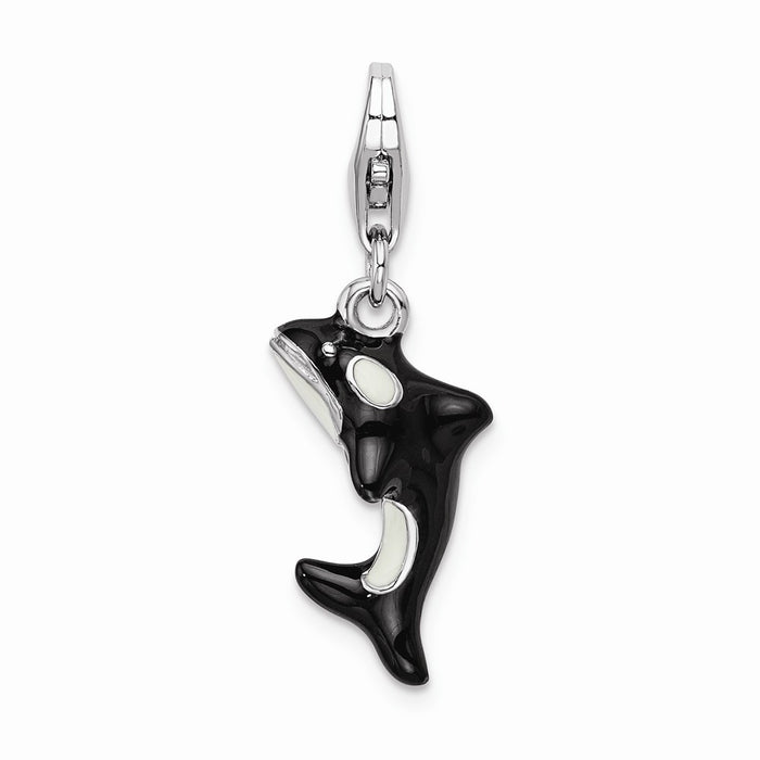 Million Charms 925 Sterling Silver Rhodium-Plated 3-D Enameled Orca Whale With Lobster Clasp Charm