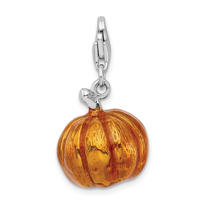 Million Charms 925 Sterling Silver With Rhodium-Plated 3-D Enameled Jack O Lantern With Lobster Clasp Charm