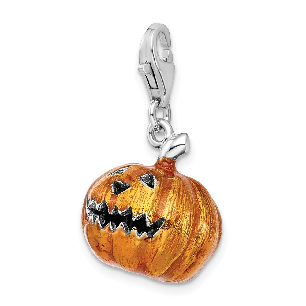 Million Charms 925 Sterling Silver With Rhodium-Plated 3-D Enameled Jack O Lantern With Lobster Clasp Charm