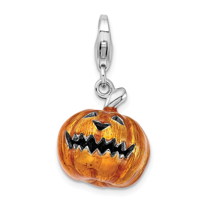 Million Charms 925 Sterling Silver With Rhodium-Plated 3-D Enameled Jack O Lantern With Lobster Clasp Charm