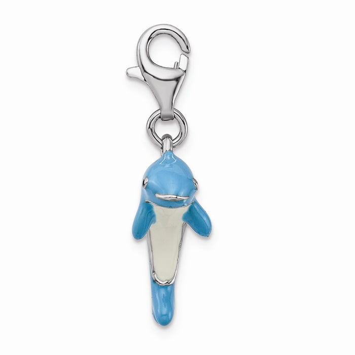 Million Charms 925 Sterling Silver Rhodium-Plated 3-D Enameled Dolphin With Lobster Clasp Charm