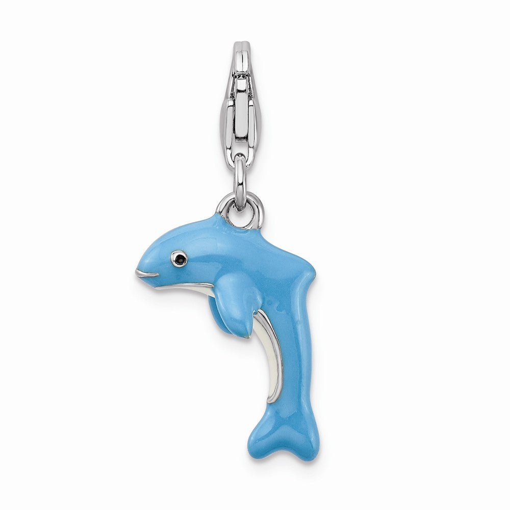 Million Charms 925 Sterling Silver Rhodium-Plated 3-D Enameled Dolphin With Lobster Clasp Charm
