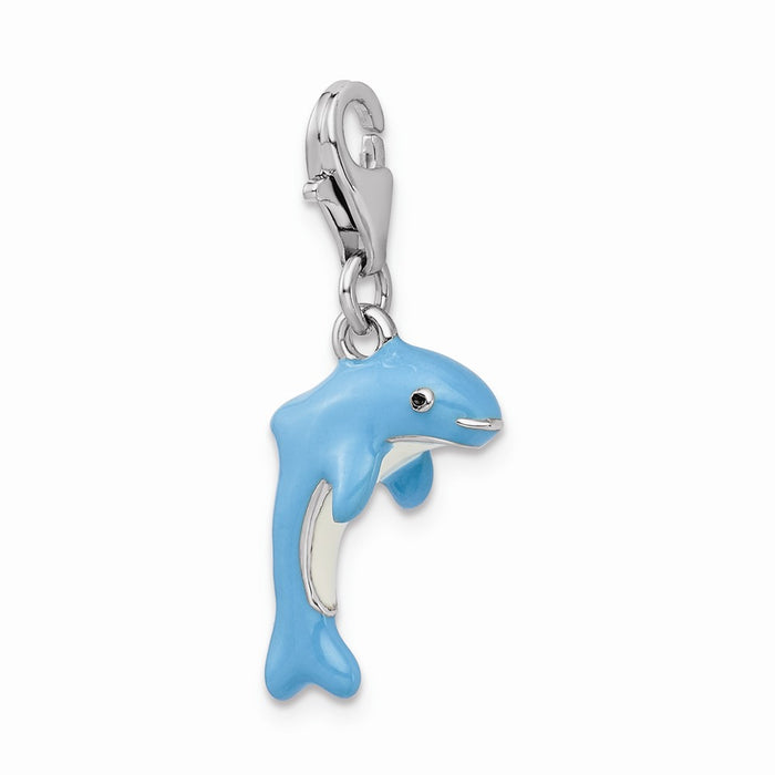 Million Charms 925 Sterling Silver Rhodium-Plated 3-D Enameled Dolphin With Lobster Clasp Charm