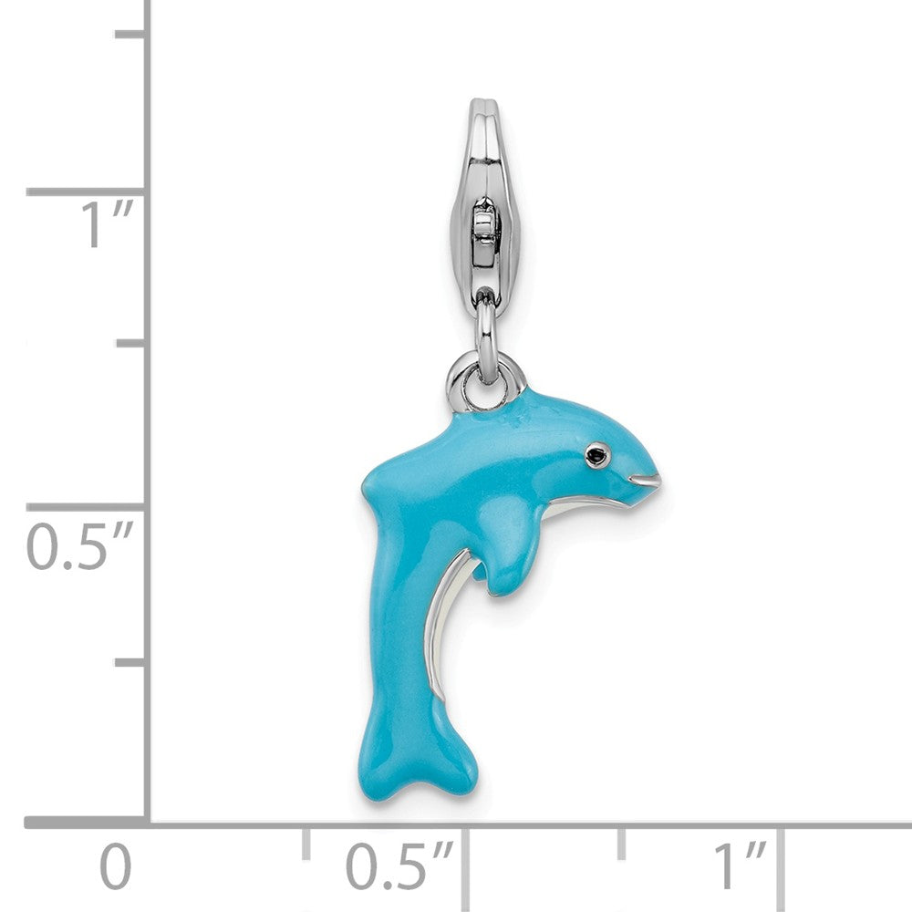 Million Charms 925 Sterling Silver Rhodium-Plated 3-D Enameled Dolphin With Lobster Clasp Charm