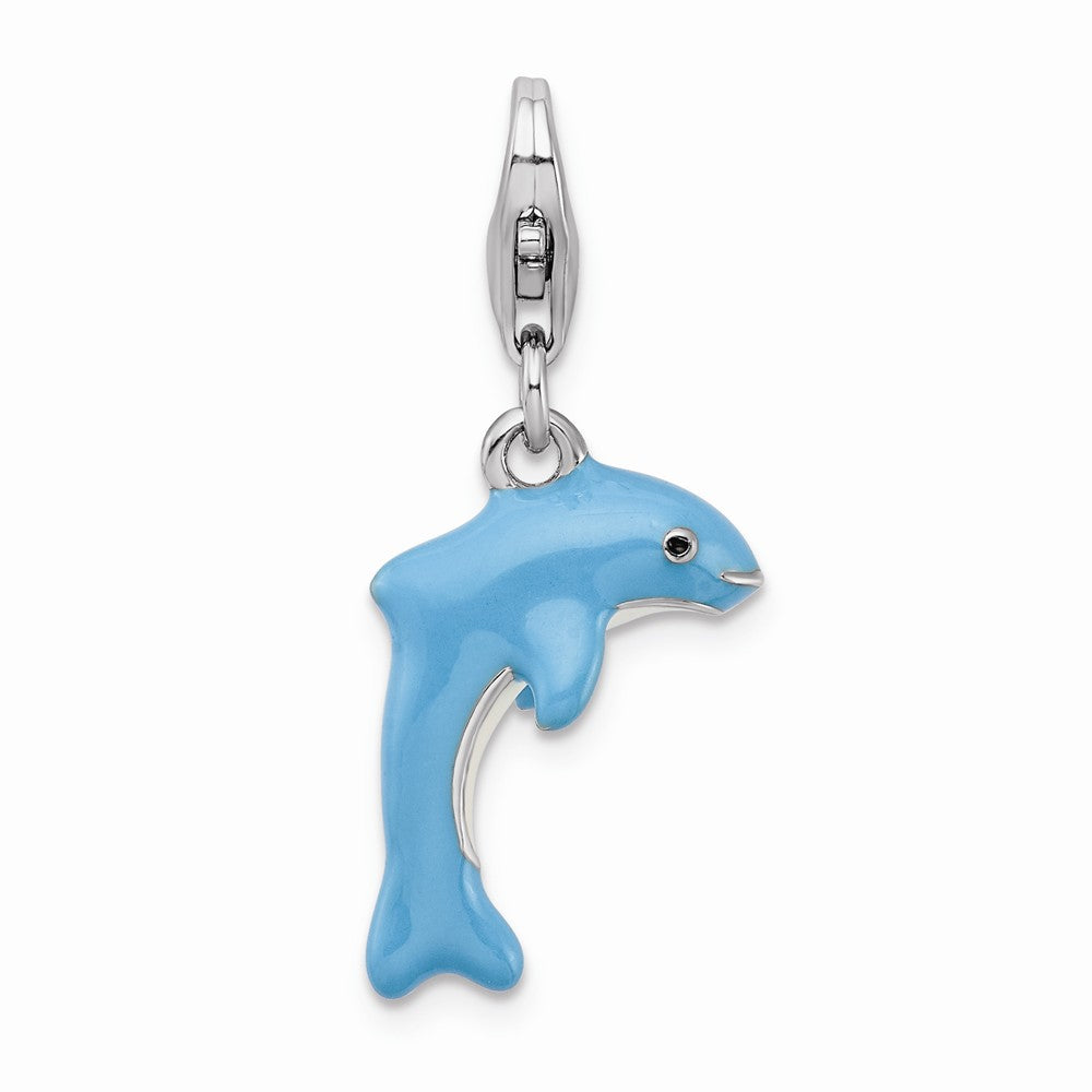 Million Charms 925 Sterling Silver Rhodium-Plated 3-D Enameled Dolphin With Lobster Clasp Charm