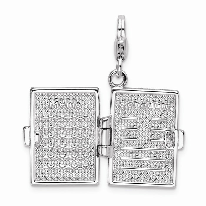 Million Charms 925 Sterling Silver Rhodium-Plated Enameled 3-D Note Book With Lobster Clasp Charm