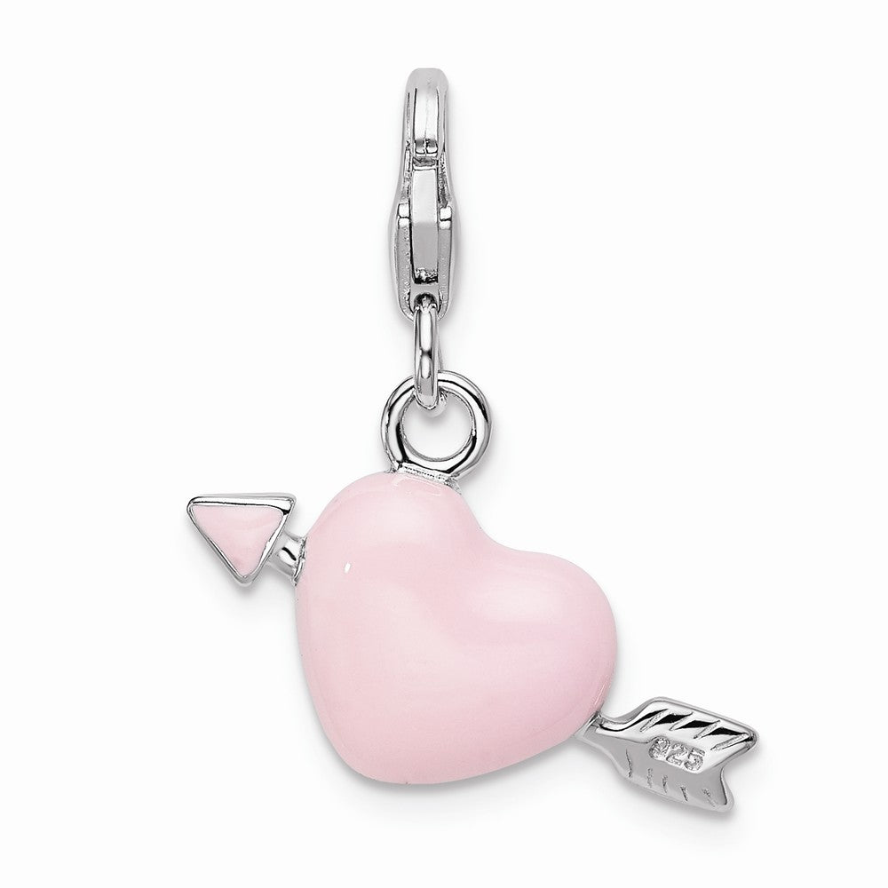 Million Charms 925 Sterling Silver With Rhodium-Plated Enameled 3-D Kiss Cupid Heart With Lobster Clasp Charm
