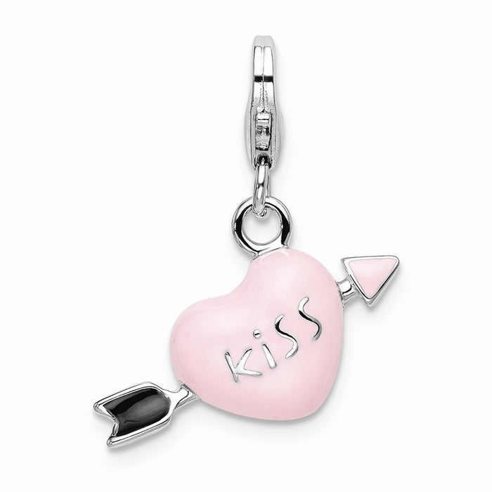 Million Charms 925 Sterling Silver With Rhodium-Plated Enameled 3-D Kiss Cupid Heart With Lobster Clasp Charm
