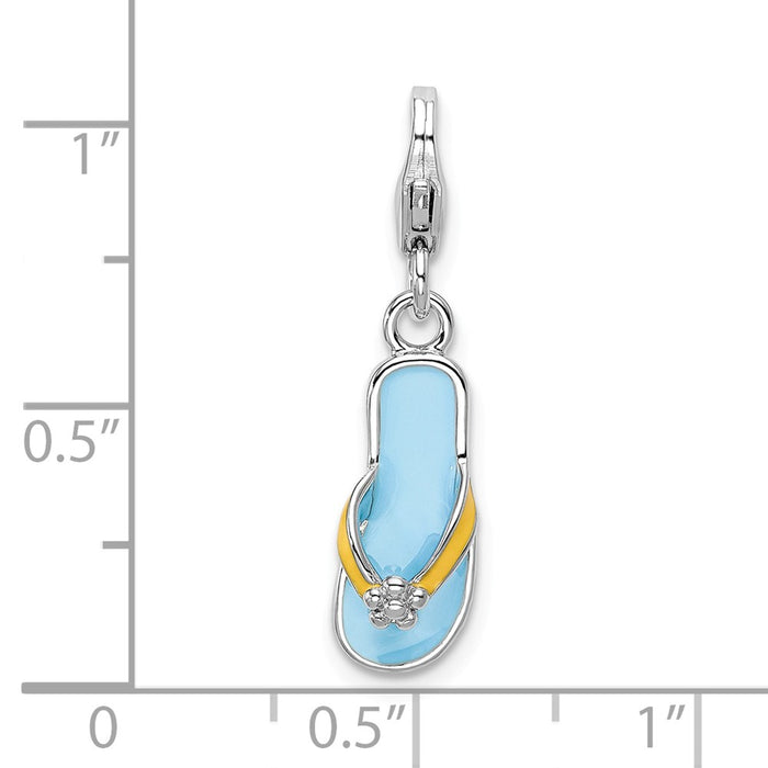 Million Charms 925 Sterling Silver With Rhodium-Plated Enameled 3-D Flower Flip Flop With Lobster Clasp Charm