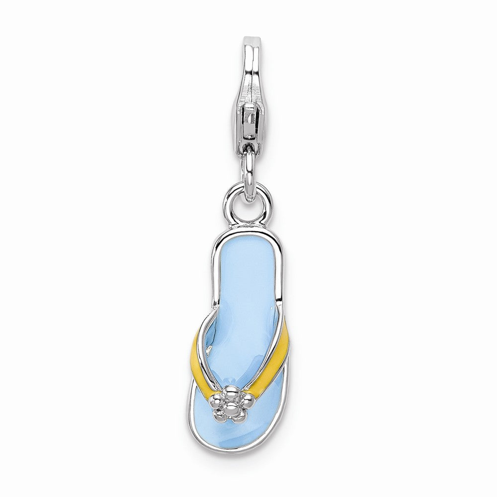 Million Charms 925 Sterling Silver With Rhodium-Plated Enameled 3-D Flower Flip Flop With Lobster Clasp Charm