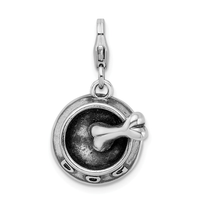 Million Charms 925 Sterling Silver Rhodium-Plated 3-D Dog Bowl & Bone With Lobster Clasp Charm