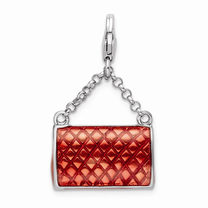 Million Charms 925 Sterling Silver Rhodium-Plated Enameled 3-D Purse With Lobster Clasp Charm