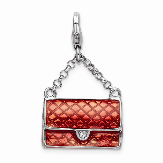 Million Charms 925 Sterling Silver Rhodium-Plated Enameled 3-D Purse With Lobster Clasp Charm