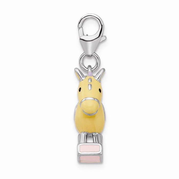 Million Charms 925 Sterling Silver With Rhodium-Plated Enameled 3-D Rocking Horse With Lobster Clasp Charm