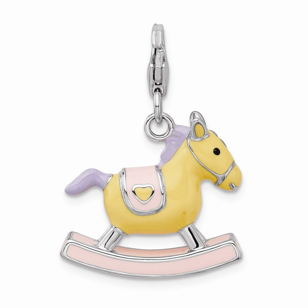 Million Charms 925 Sterling Silver With Rhodium-Plated Enameled 3-D Rocking Horse With Lobster Clasp Charm