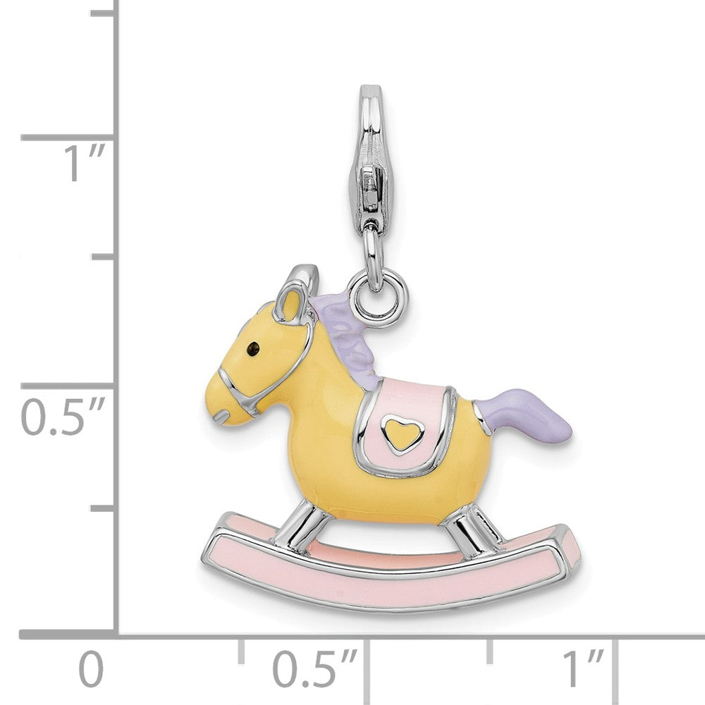Million Charms 925 Sterling Silver With Rhodium-Plated Enameled 3-D Rocking Horse With Lobster Clasp Charm