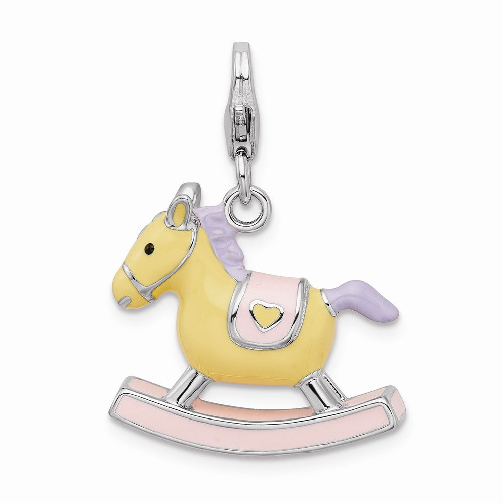 Million Charms 925 Sterling Silver With Rhodium-Plated Enameled 3-D Rocking Horse With Lobster Clasp Charm
