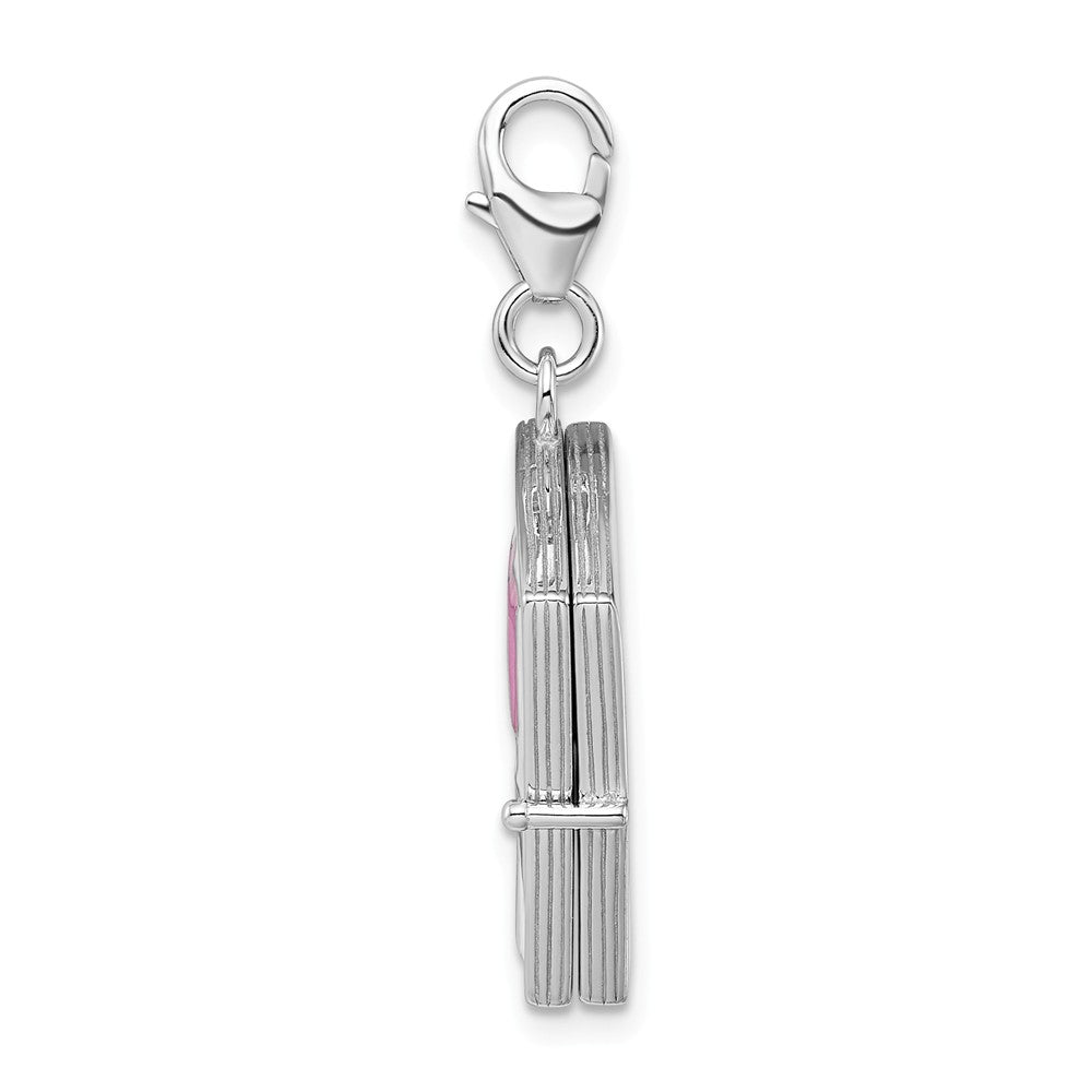 Million Charms 925 Sterling Silver With Rhodium-Plated Enameled Rose Journal With Lobster Clasp Charm