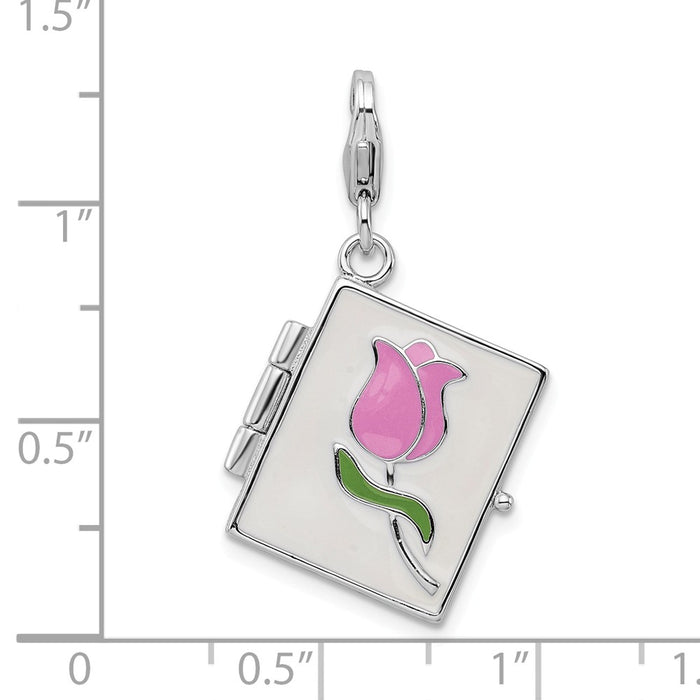 Million Charms 925 Sterling Silver With Rhodium-Plated Enameled Rose Journal With Lobster Clasp Charm