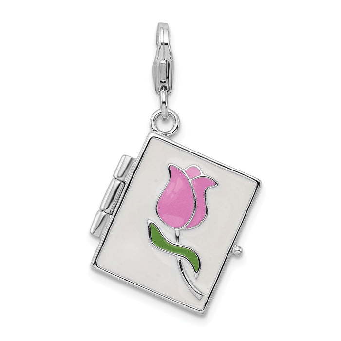 Million Charms 925 Sterling Silver With Rhodium-Plated Enameled Rose Journal With Lobster Clasp Charm