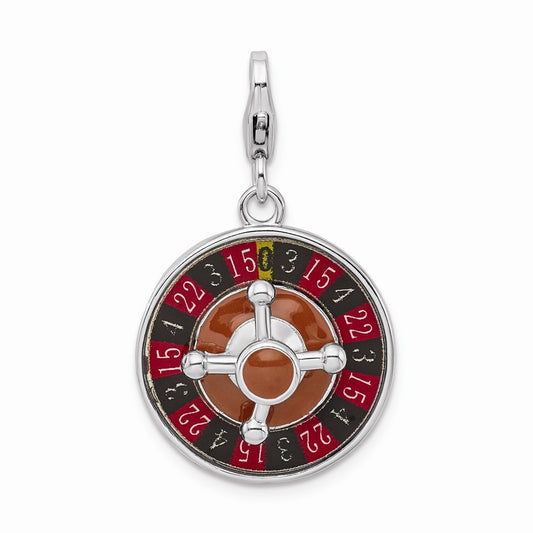 Million Charms 925 Sterling Silver With Rhodium-Plated Enameled 3-D Roulette Wheel With Lobster Clasp Charm