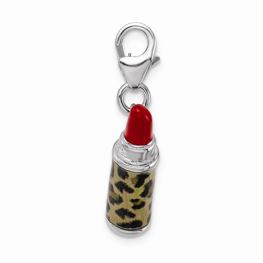 Million Charms 925 Sterling Silver With Rhodium-Plated Enameled 3-D Leopard Lipstick With Lobster Clasp Charm