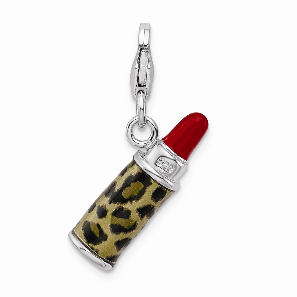 Million Charms 925 Sterling Silver With Rhodium-Plated Enameled 3-D Leopard Lipstick With Lobster Clasp Charm