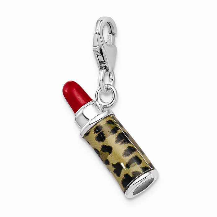 Million Charms 925 Sterling Silver With Rhodium-Plated Enameled 3-D Leopard Lipstick With Lobster Clasp Charm