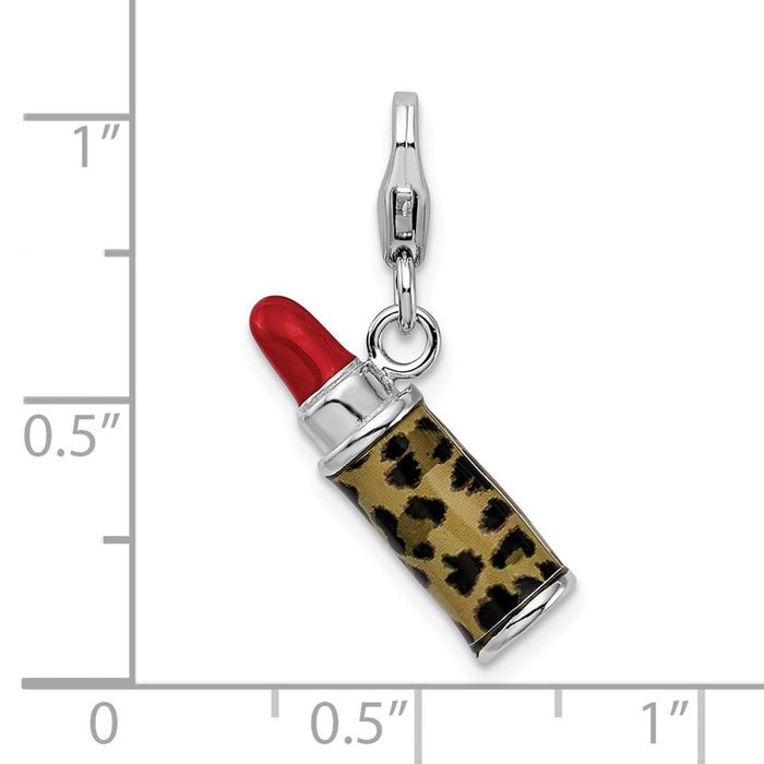Million Charms 925 Sterling Silver With Rhodium-Plated Enameled 3-D Leopard Lipstick With Lobster Clasp Charm