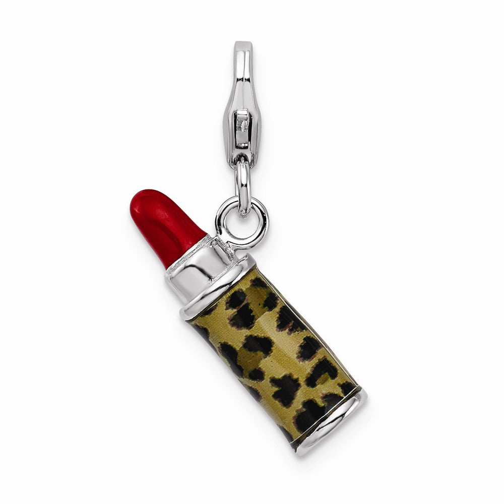 Million Charms 925 Sterling Silver With Rhodium-Plated Enameled 3-D Leopard Lipstick With Lobster Clasp Charm